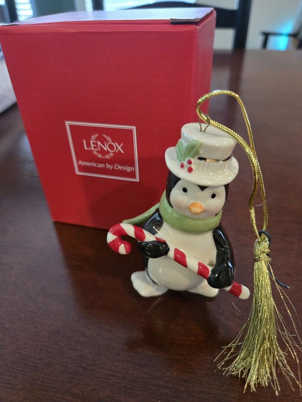 Lenox Black & White Penguin Ornament with Green Scarf and Red Candy Cane